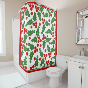 Holly berry pattern and red border Christmas Shower Curtain