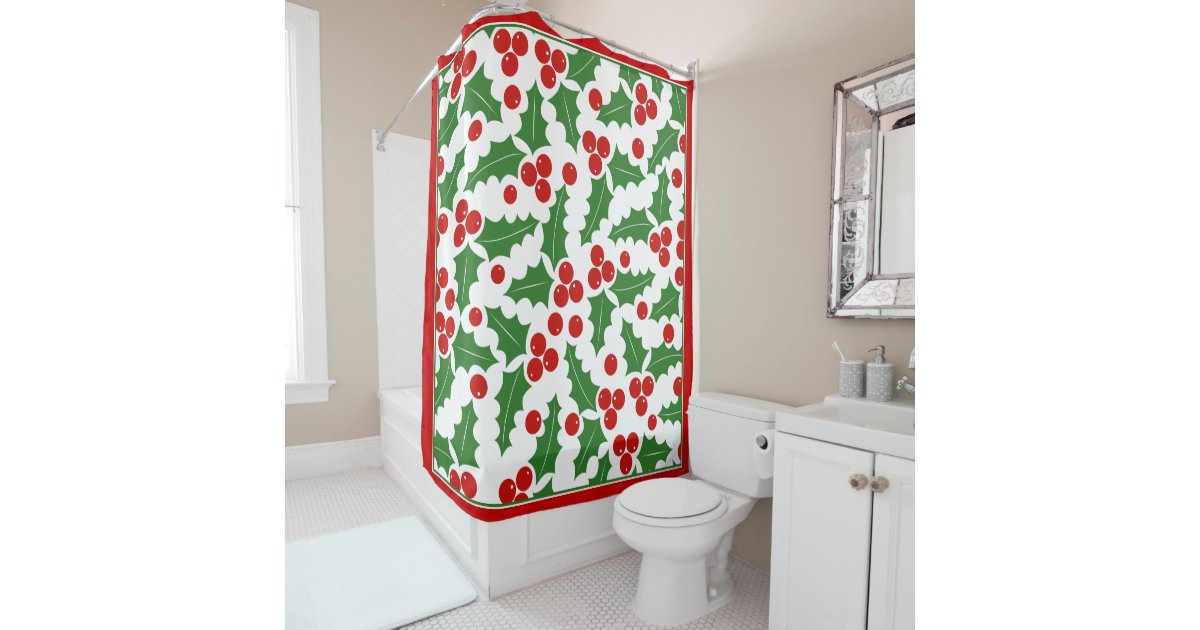 Holly berry pattern and red border Christmas Shower Curtain Zazzle