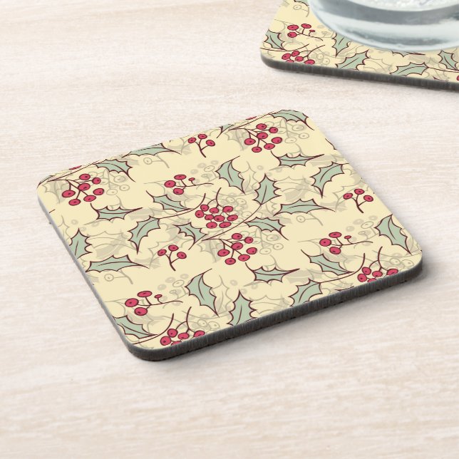 Holly berry pattern design beverage coaster (Left Side)
