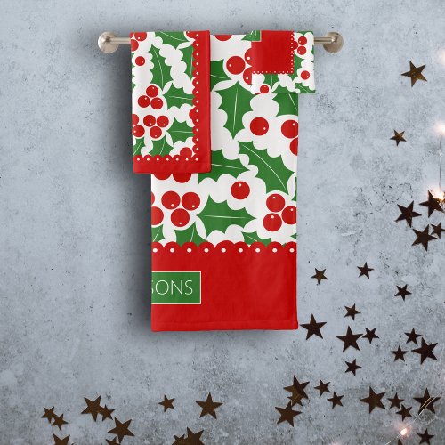 Holly berry pattern scalloped borders Christmas Bath Towel Set