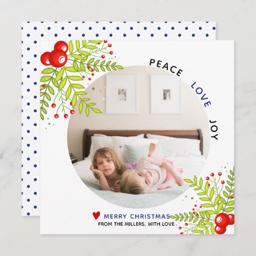 Holly berry Peace Love Joy blue Christmas photo  Holiday Card