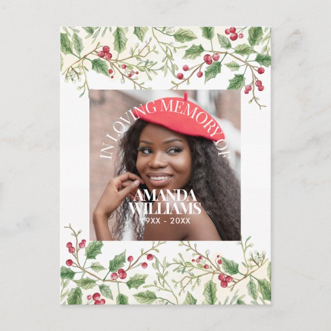 Holly Berry Personalized Photo Memorial Christmas Postcard (Front)