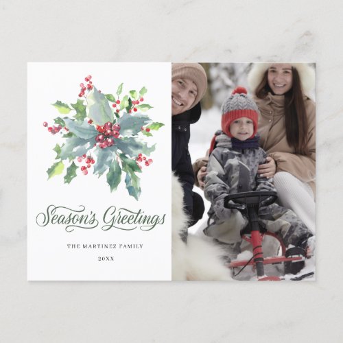 Holly Berry Photo Christmas Holiday Postcard