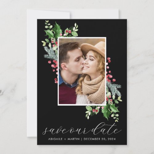 Holly Berry Photo Save The Date Holiday Card