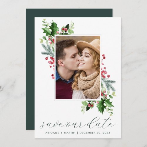 Holly Berry Photo Save The Date Holiday Card
