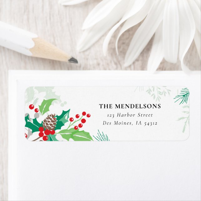 Holly Berry Pine Christmas Holiday Return Address Label (Insitu)
