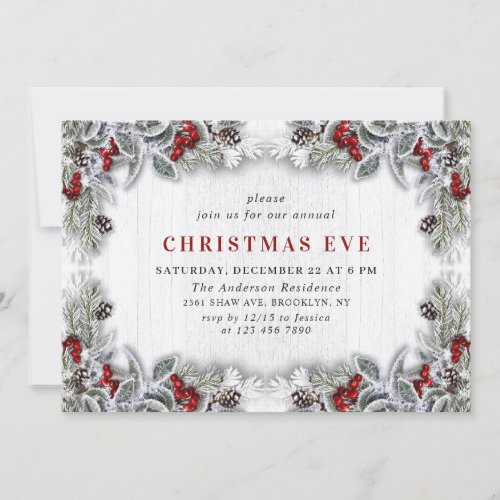 Holly Berry Pine Cones Branch Christmas Eve Party Invitation