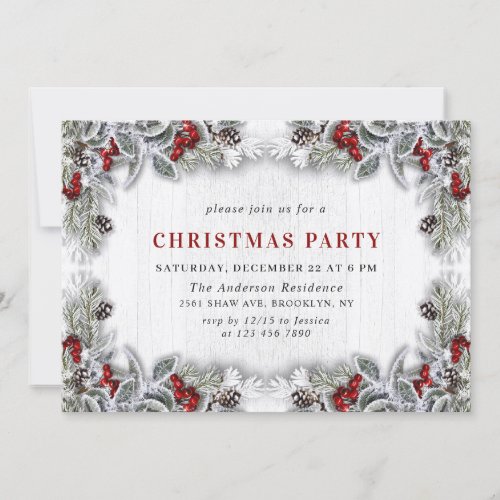 Holly Berry Pine Cones Branch Christmas Party Invitation