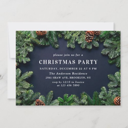 Holly Berry Pine Cones Branch Christmas Party Invitation