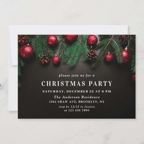 Holly Berry Pine Cones Branch Christmas Party Invitation