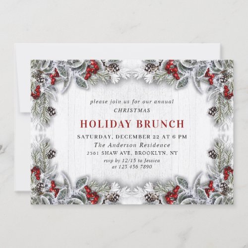 Holly Berry Pine Cones Branch HOLIDAY BRUNCH Invitation