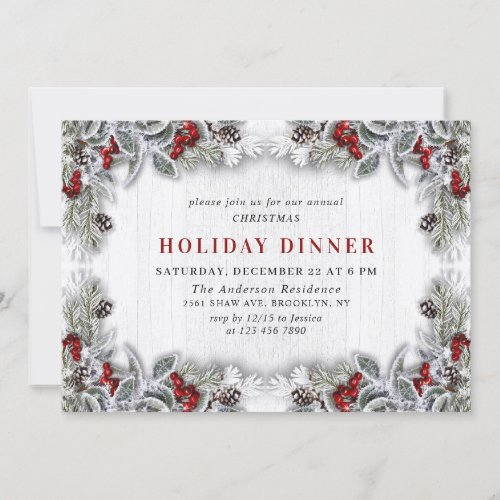 Holly Berry Pine Cones Branch HOLIDAY DINNER Invitation