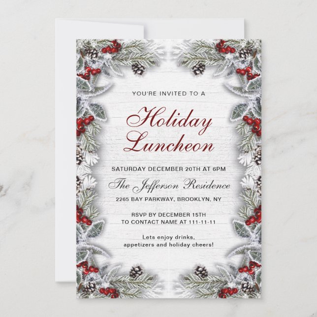 Holly Berry Pine Cones Branch Holiday Luncheon Invitation (Front)