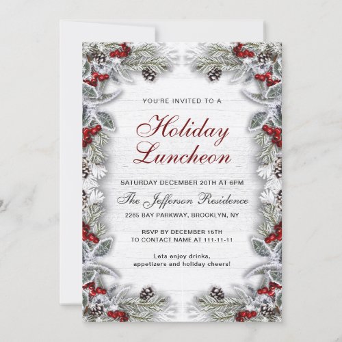 Holly Berry Pine Cones Branch Holiday Luncheon Invitation