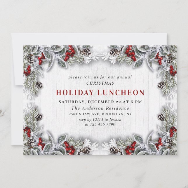 Holly Berry Pine Cones Branch HOLIDAY LUNCHEON Invitation (Front)