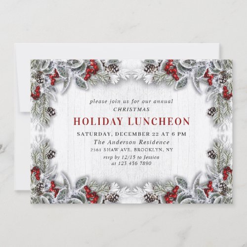 Holly Berry Pine Cones Branch HOLIDAY LUNCHEON Invitation