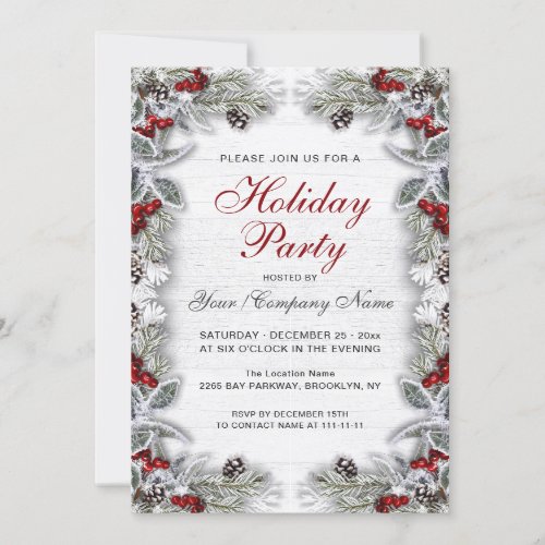 Holly Berry Pine Cones Branch Rustic Christmas Eve Invitation
