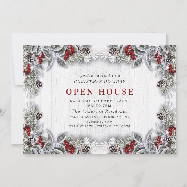 Holly Berry Pine Cones Christmas Open House Invitation (Front)
