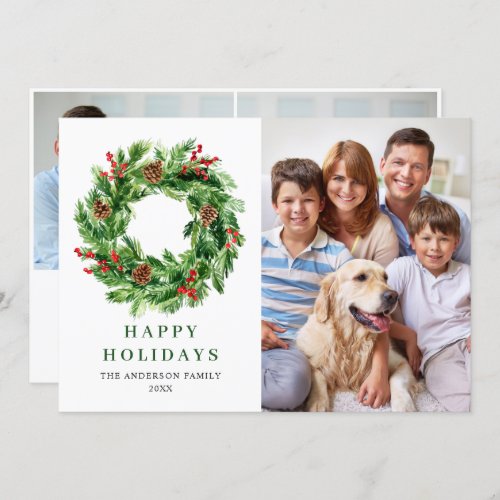 Holly Berry Pine Cones Christmas Wreath 3 PHOTO Holiday Card