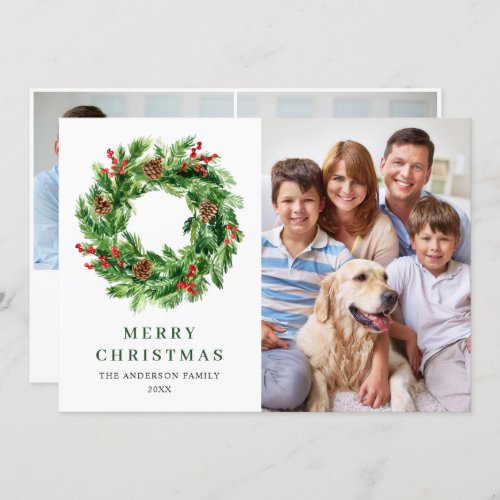 Holly Berry Pine Cones Christmas Wreath 3 PHOTO Holiday Card