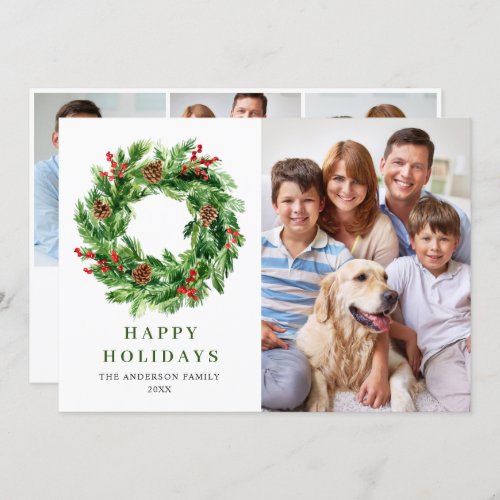 Holly Berry Pine Cones Christmas Wreath 4 PHOTO Holiday Card