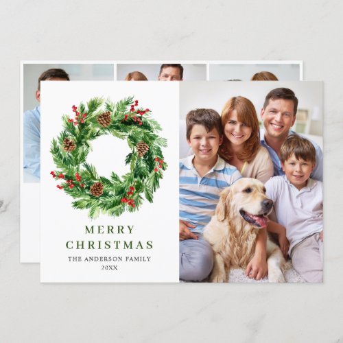 Holly Berry Pine Cones Christmas Wreath 4 PHOTO Holiday Card