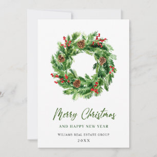 Holly Berry Pine Cones Christmas Wreath Corporate Holiday Card