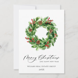 Holly Berry Pine Cones Christmas Wreath Corporate Holiday Card