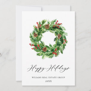 Holly Berry Pine Cones Christmas Wreath Corporate Holiday Card