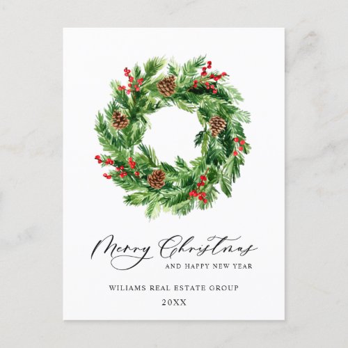 Holly Berry Pine Cones Christmas Wreath Corporate Postcard