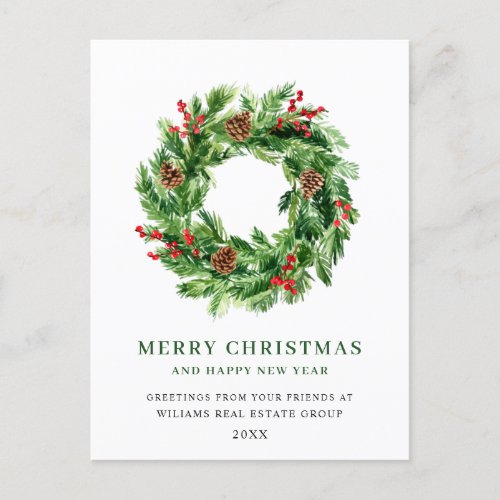 Holly Berry Pine Cones Christmas Wreath Corporate Postcard