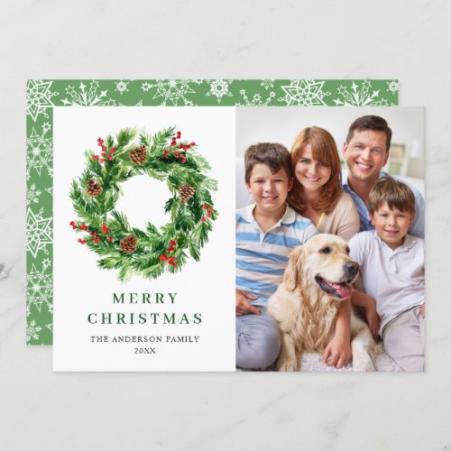 Holly Berry Pine Cones Christmas Wreath PHOTO Holiday Card