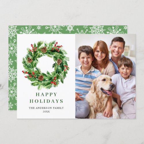 Holly Berry Pine Cones Christmas Wreath PHOTO Holiday Card
