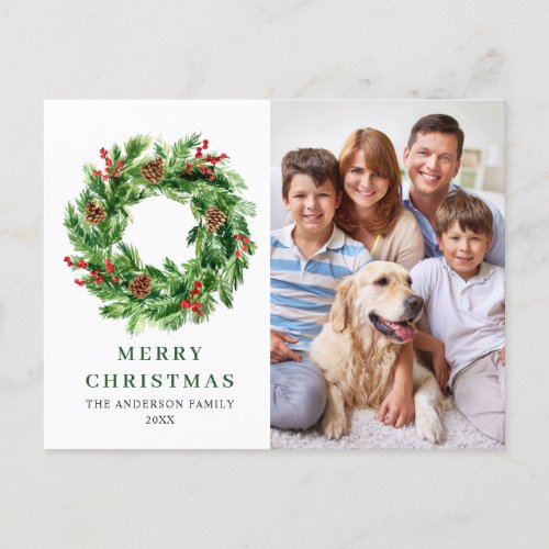 Holly Berry Pine Cones Christmas Wreath PHOTO Postcard