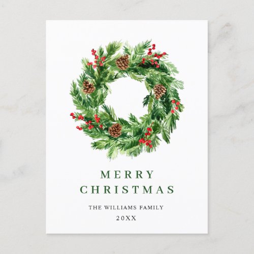 Holly Berry Pine Cones Christmas Wreath Postcard