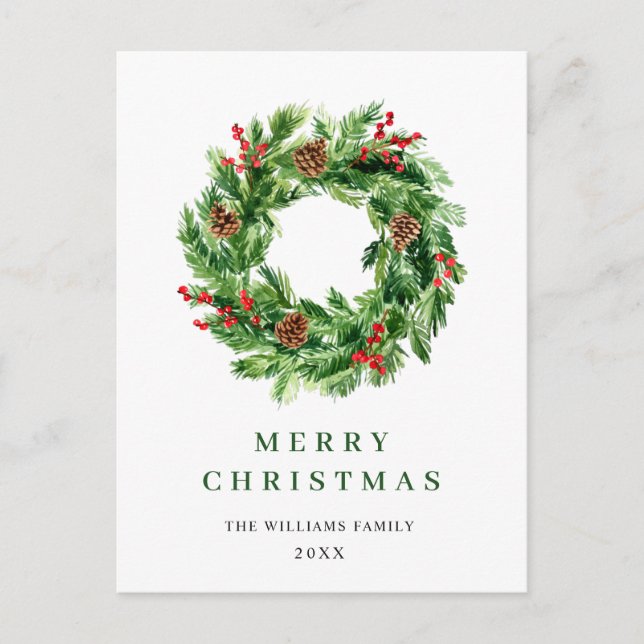 Holly Berry Pine Cones Christmas Wreath Postcard (Front)