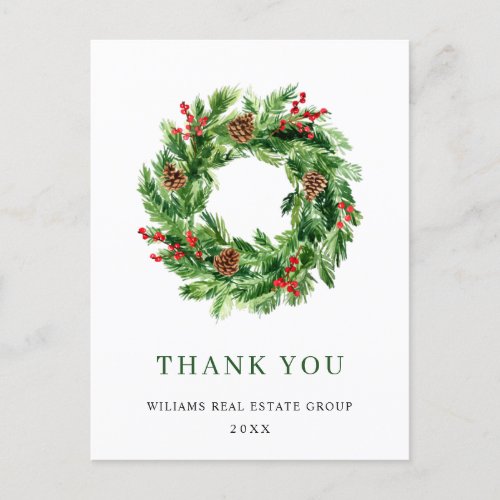 Holly Berry Pine Cones Christmas Wreath  Thank You Postcard