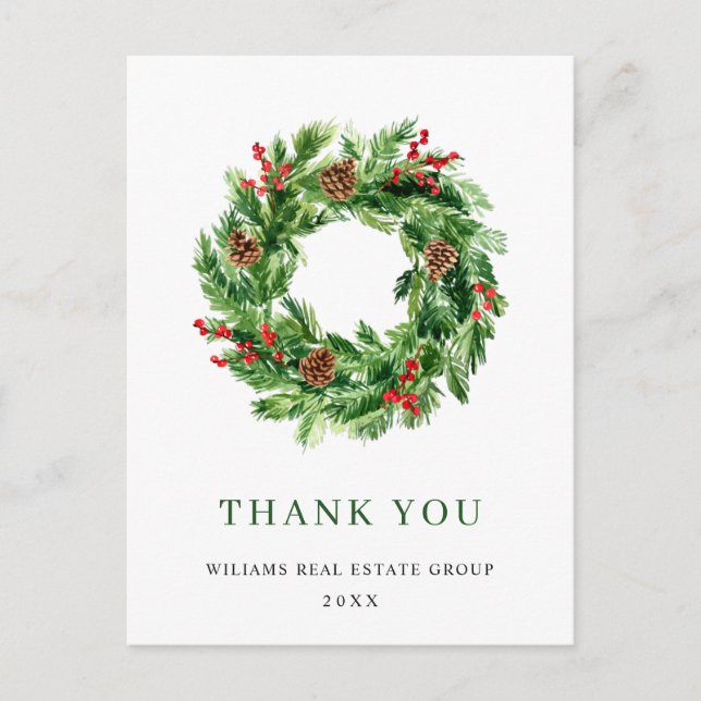Holly Berry Pine Cones Christmas Wreath  Thank You Postcard (Front)