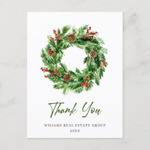 Holly Berry Pine Cones Christmas Wreath  Thank You Postcard