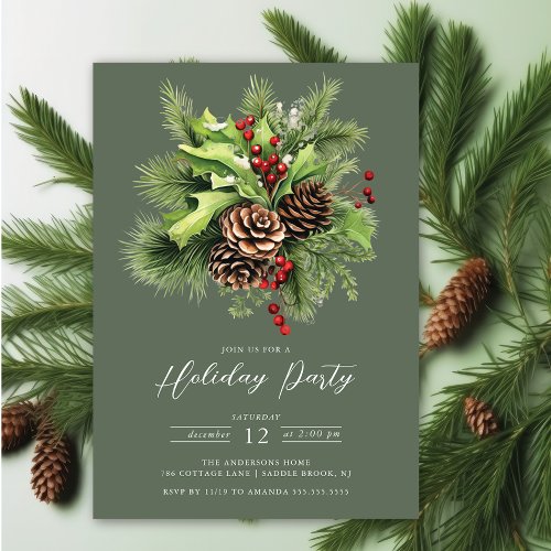 Holly Berry Pine Holiday Party Invitation