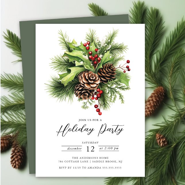 Holly Berry Pine Holiday Party Invitation (Creator Uploaded)