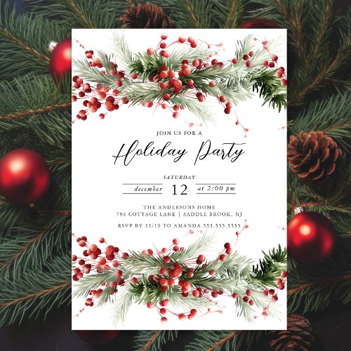 Holly Berry Pine Holiday Party Invitation