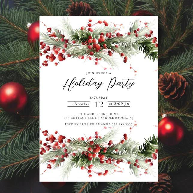 Holly Berry Pine Holiday Party Invitation | Zazzle