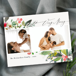 Holly Berry Pine Very Merry Christmas 2 Photo Postcard