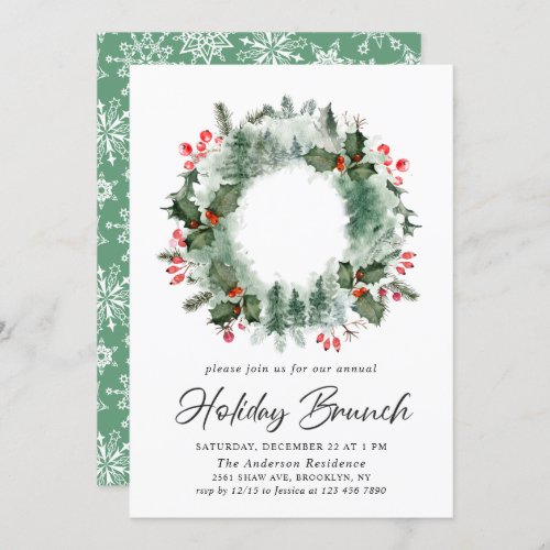 Holly Berry Pine Wreath Christmas Holiday Brunch Invitation