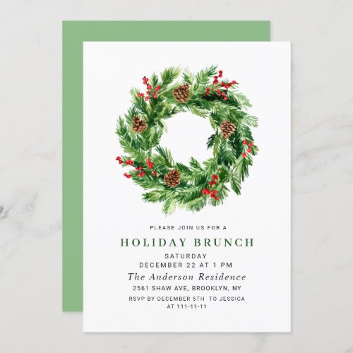 Holly Berry Pine Wreath CHRISTMAS HOLIDAY BRUNCH Invitation