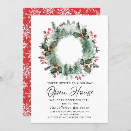 Holly Berry Pine Wreath Christmas Open House Invitation