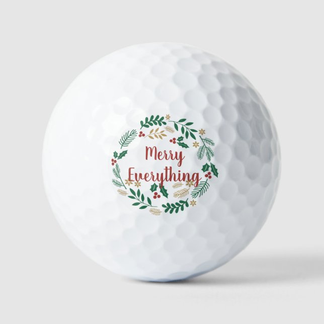 Holly Berry Pine Wreath Merry Everything Holiday   Golf Balls (Front)