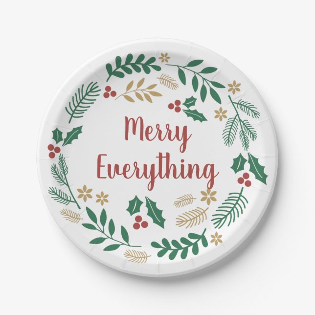 Holly Berry Pine Wreath Merry Everything Holiday Paper Plates (Front)