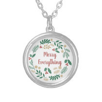 Holly Berry Pine Wreath Merry Everything Holiday Silver Plated Necklace